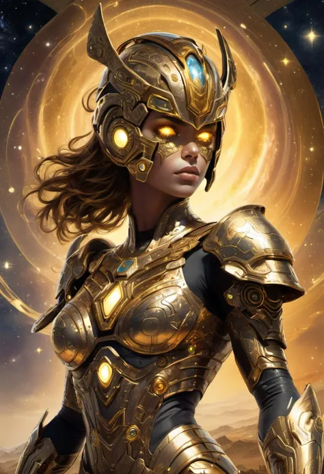 Cosmic warrior in shades of gold: A futuristic armored maiden with glowing golden eyes stands victorious atop a cosmic battlefield, her helmet adorned with metallic filigree and circuits against a backdrop of nebulae and distant stars