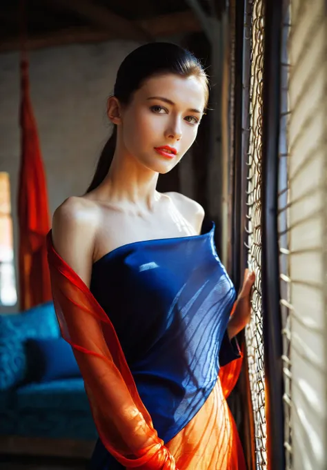 cinematic film still  <lora:MilaAzul_SDXL_v1.0:1> 
beauty photo, close-up 
Photorealistic portrait of fashion model (((ohwx woman))) embodying timeless elegance in a traditional Thai silk factory. Captured by Helmut Newton with a minimalist and sensual app...