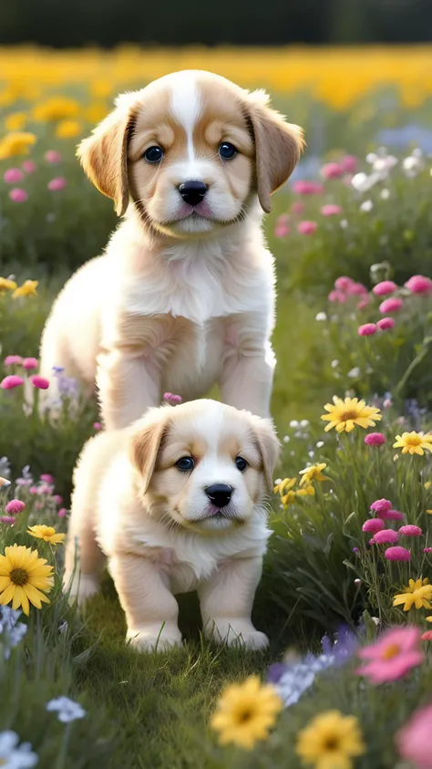 a photo of a cute little puppy surrounded by beautiful flowers in a meadow, extremely detailed fur, (close up:1.1), cute puppy