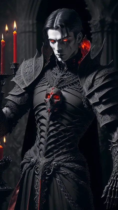 (full torso), analog style, realistic, ((intricate details)), full torso shot, cold lighting, handsome, (pale gothic evil king), (male:2.0), (black hair), (intricate), ((engraved skeletal armor)), (intricate sharp obsidian crown), dynamic pose, windblown h...