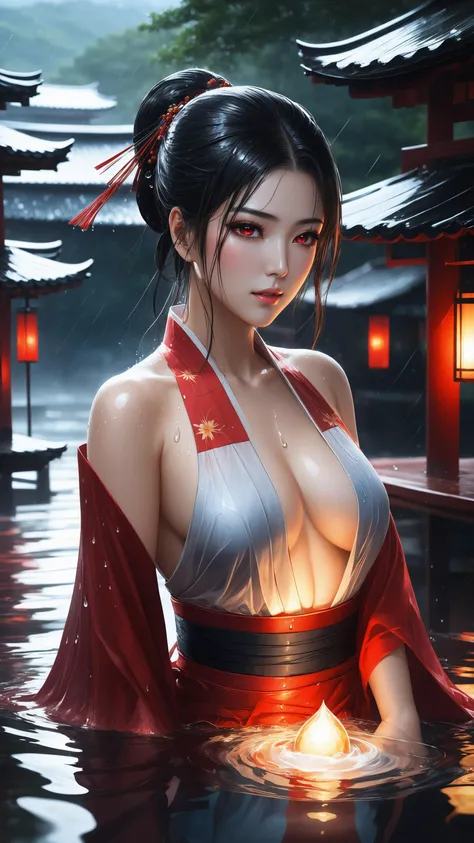 (Highest picture quality), (Masters work), (ultra-detailed), the portrait is centered, 1girl, raiden shogun, nsfw, (wet clothes), blush, bare hips, (sheer shirt), (from above:1.7), (translucent dress), water drop, (rain), (outdoors), stained, wet hair, wet...