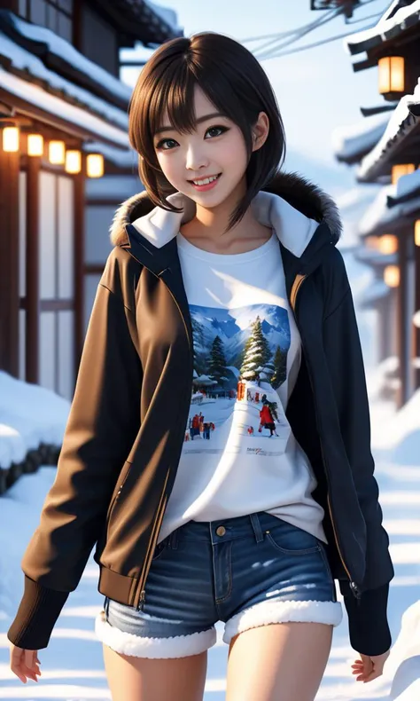 photo of a beautiful young Japanese girl with warm smile and shorts and sexy shirt walking in the snow, highly detailed face, epic, ultra-realistic, 8k, ultra high details, hyper-realistic, full body photograph, epic details ultra high details 8k 16k