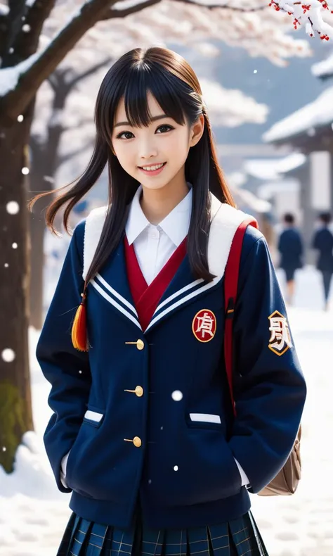 photo of a beautiful young Japanese girl with warm smile wearing Tokyo high school uniform and walking in the snow, highly detailed face, epic, ultra-realistic, 8k, ultra high details, hyper-realistic, full body photograph, epic details ultra high details ...