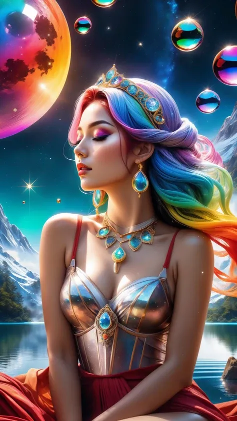 a beautiful naked girl, closed eyes, portrait, style-paintmagic, (((splash of paint))), (((colorful))), ((floating colorful paint)), goddess of death, Japanese mythology, (featuring mythical creatures), solar system, milky way, dream, fantasy, (abstract ba...