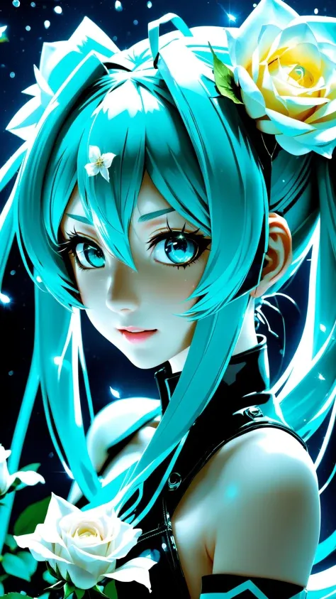 face focus, masterpiece, best quality, 1girl, hatsune miku, goth hatsune miku, latex clothing, suggestive face, hentai face, white roses, petals, night background, fireflies, light particle, solo, aqua hair with twin tails, aqua eyes, standing, pixiv, dept...