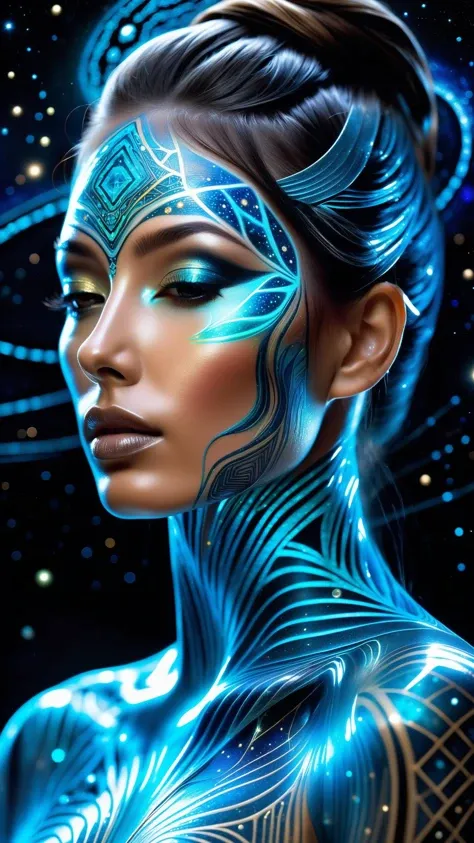 A mesmerizing hyper-realistic portrait reveals a humanoid with translucent skin, vibrant bioluminescent veins pulsating beneath the surface, their iridescent eyes emit an otherworldly glow, captivating onlookers, elaborate geometric patterns adorn their bo...