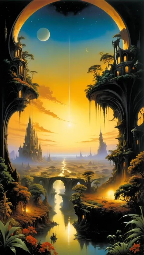 Sci -Fi, savanna Planet Landscape with Gothic-city with dream Garden, by night, painting by Boris Vallejo and Scott Murphy, savanna, Dreamlike, Distorted reality, Persistence of Memory<lora:xl_more_art-full_v1:0.5>