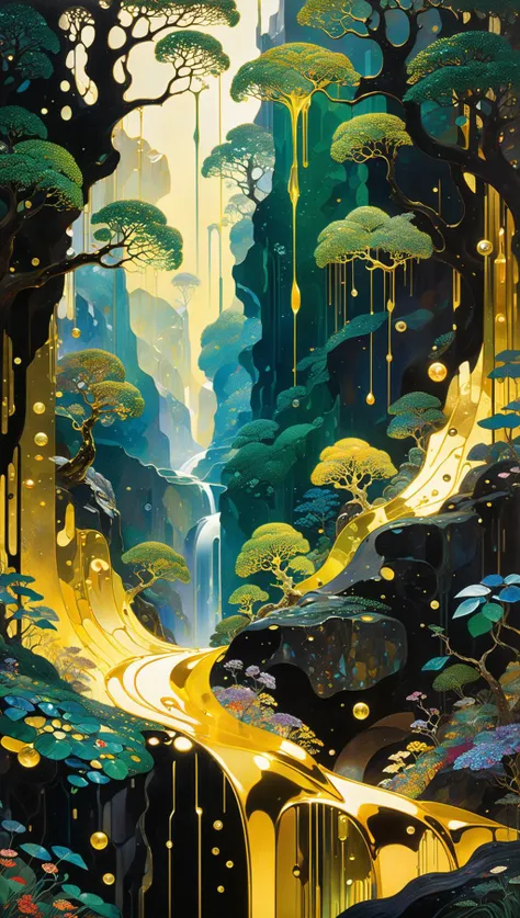 liquid chrome, liquid gold wet on wet, ultra highly detailed, cinematic, Mountain forest, Broken Glass effect, energy, molecular, textures, iridescent and luminescent scales, breathtaking beauty, pure perfection, divine, vivid colors, John Gilbert, by Gust...