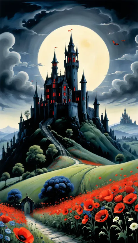 Draculas mystical castle among red poppies and cornflowers By Tim Burton. Night. Early autumn. Art by Tim Burton<lora:xl_more_art-full_v1:0.5>