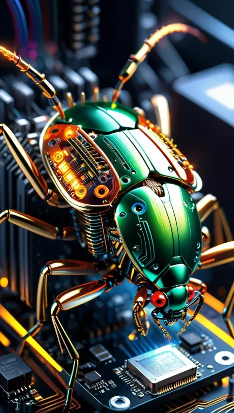 A bug made of electronic components, inside a computer case, eating computer components, with sparks and led lights., ultra hd, realistic, vivid colors, highly detailed, UHD drawing, pen and ink, perfect composition, beautiful detailed intricate insanely d...