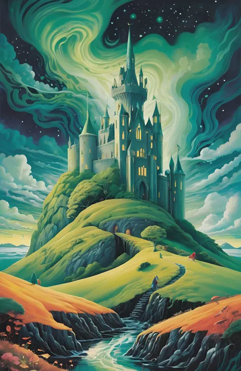 Craft a surreal and whimsical dreamscape featuring an Irish castle amidst a fantastical landscape, where reality blends with imagination, capturing the mystique of Irish historical sites. in Historical figures smeared, sinister shadows, haunted dripping, s...