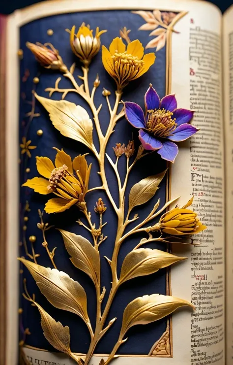 high detailed professional dark and moody macro-photo of dried flowers out from a medieval illuminated page in an old botany book, gold filigree, botanical illustration, grainy, intricate plant details, with vibrant colors, bold colors, atmospheric fog. 35...