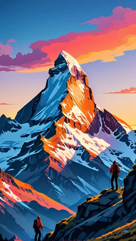 Matterhorn with climbers, sunset, flat design poster, not too complex, modern, 4k, epic composition, flat vector art illustration, very realistic, vibrant colours, long shot<lora:xl_more_art-full_v1:0.5>