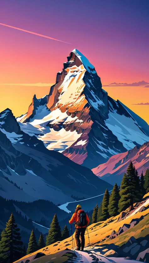 Matterhorn with climbers, sunset, flat design poster, not too complex, modern, 4k, epic composition, flat vector art illustration, very realistic, vibrant colours, long shot<lora:xl_more_art-full_v1:0.5>