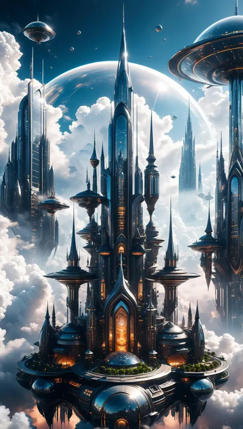 A stunning futuristic city floating in the clouds. Glass towers with spires floating in the sky. Sci-fi vibes. Flying spaceships in the clouds. Futuristic. Solarpunk. Surrounded by fluffy clouds. intricate details, beautifully shot, perfect composition, hi...