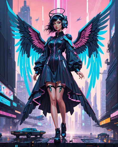 (masterpiece, best quality, absurdres:1.2), Neonpunk angel, 2d, angel wings, illustration, wearing modest knee length dress, floating in the sky, oil painting