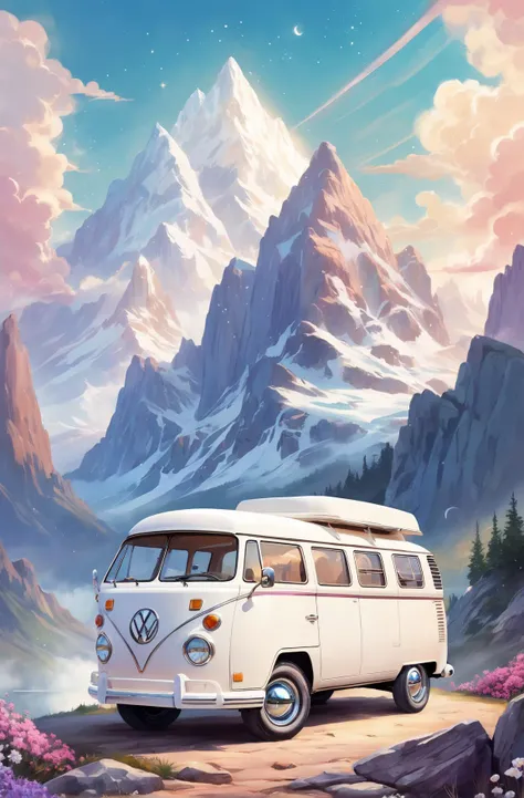 ethereal fantasy concept art of campervan, mountain background, rocky road, kitschy vintage retro simple, white background . magnificent, celestial, ethereal, painterly, epic, majestic, magical, fantasy art, cover art, dreamy