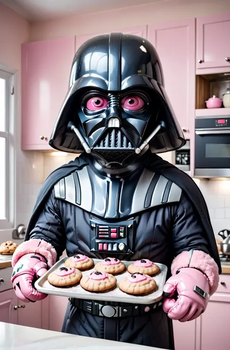 caricature closeup portrait of Darth Vader wearing (fluffy pink oven mitts:1.2) in the kitchen, holding a cookie tray, steam <lora:Caricature_XL:1>