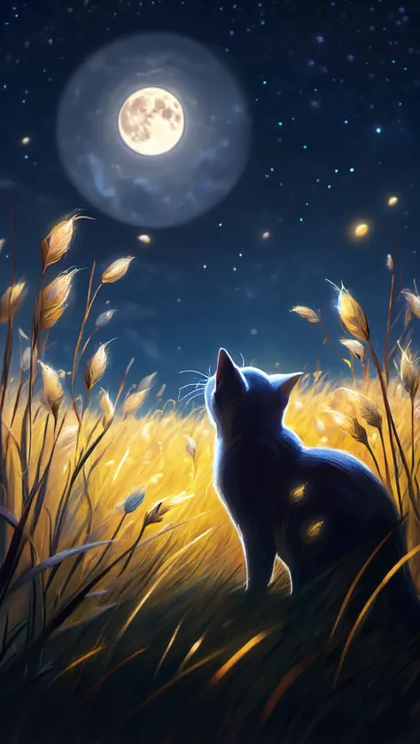 (best quality:1.2), a cat looking up at the moon, facing away, in a field surrounded by fireflies, lunar eclipse, impressionist art style