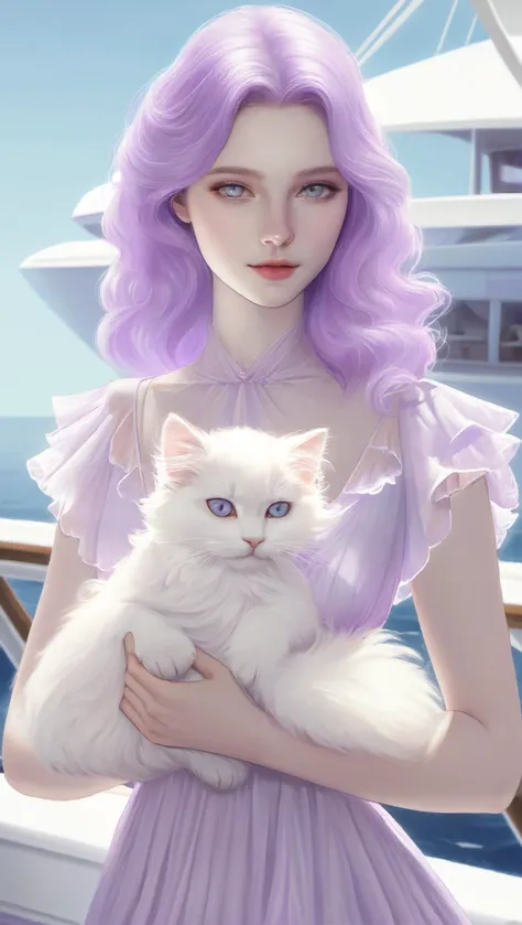 (best quality:1.2), a pale woman wearing a light purple dress and holding a fluffy white kitten, on a yacht, detailed eyes, digital art