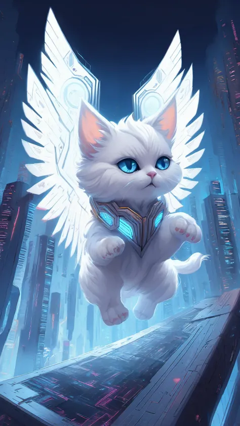 (best quality:1.2), a cyberpunk fluffy white kitten with mechanical angel wings flying over a cyberpunk city, biomechanical fusion theme, digital art