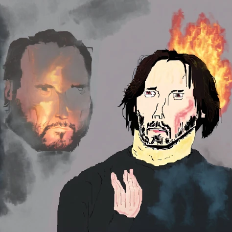 (Double exposure:1.3) MSPaint Portrait of Keanu Reeves, with a photorealistic confused keanu reeves in the background, son I am disappoint, smoke, fire, nebula, capturing the essence of futility with silent wonderment  <lora:SDXL_MSPaint_Portrait:2>  <lora...