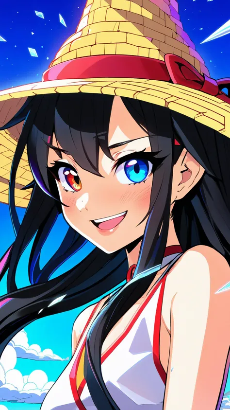 1girl, teen, (white camisole dress, straw hat, red sash belt:1.5), (cute, sweet, smile, bare face, big eyes, open mouth:1.4), face closeup, black glitched hair, straight hair, long hair, cowboy shot, (dynamic pause, dynamic angle, walk on sandy beach, blue...