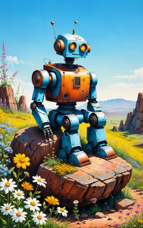 lonely robot sitting on a rock, rusty, surrounded by wildflowers, clear blue sky, sharp focus, high resolution, highly detailed, surrealism style, crayon drawing with mature artistic details, vivid colors, bold lines, loneliness ambience<lora:xl_more_art-f...