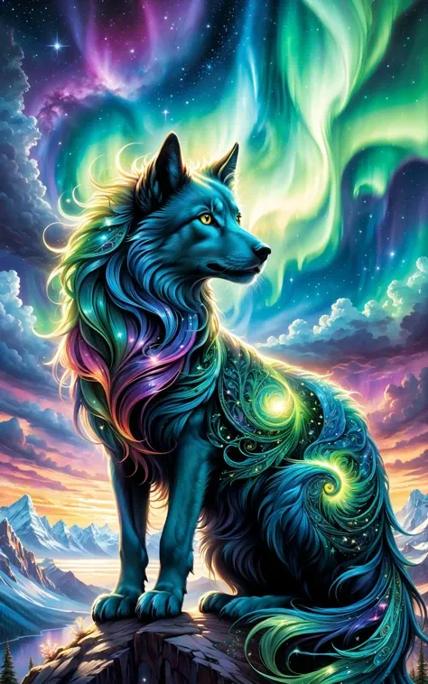 art by Alice Rahon anne stokes, Callie Fink Mythical creatures, glowing in chromatic hues, bathed in the celestial light of the northern lights and the mystical aura of dusk. They stand majestically amidst a panorama of stars and a vast, breathtaking galax...