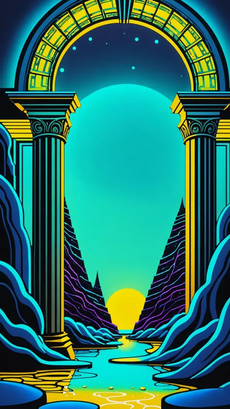 Super high definition, reflective pools, HDR, (Dark vaporwave color palette), eclipse, glowing archway, huge twisting vines, aerial view of rolling hills in bizarre alien landscape, Fibonacci, Enki, annunaki, monolith, megaliths with eyes, dna, vaporwave t...