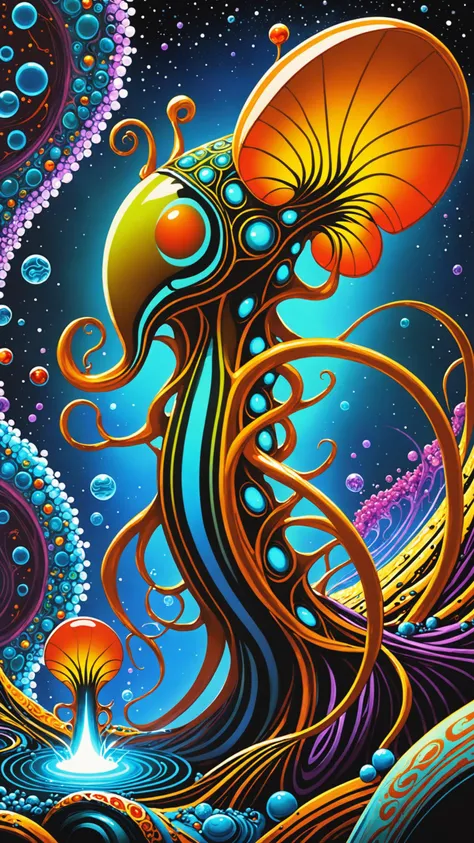 famous artwork (by julie baroh:1.4), (fractal art:1.0), fantasy style, seen here is the wondrous (amphibic:1.2) gross warplobber with its psorbified quizzleflarp and (sleek, streamlined features:1.2), it prefers to drezzle next to one of the colorful and f...