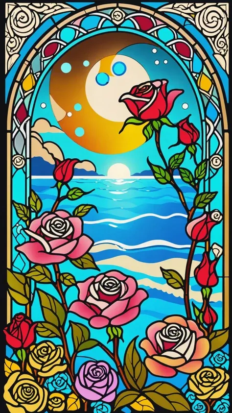 Stained glass style waning moon, flowers roses, stones transparent and diamond crystal in water, on the beach, fantasy, smoke , photo, HD, 8K, colous, sea, Vibrant, beautiful, translucent, intricate, detailed