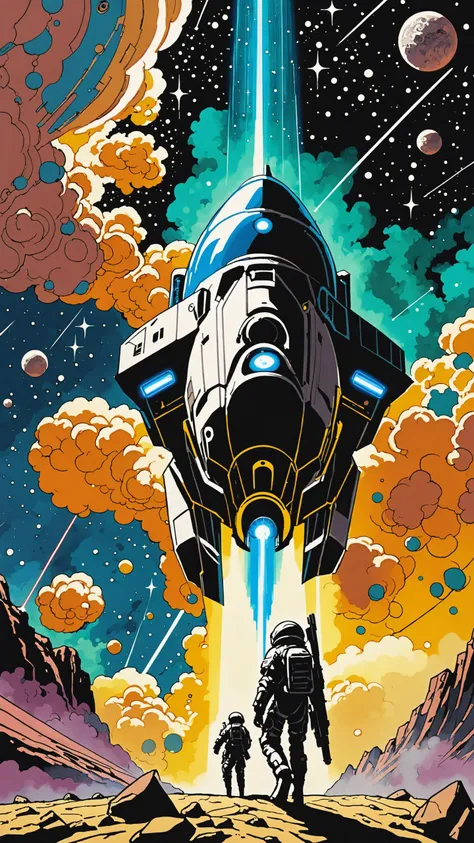 Drawing inspiration from modern masters like Range Murata, Yoshitaka Amano, Katsuya Terada, medium shot, Lost in the Nebula: Floating in a gaseous nebula, the soldiers spaceship is disabled. Outside, their bolt guns appear faint and tiny against swirling c...