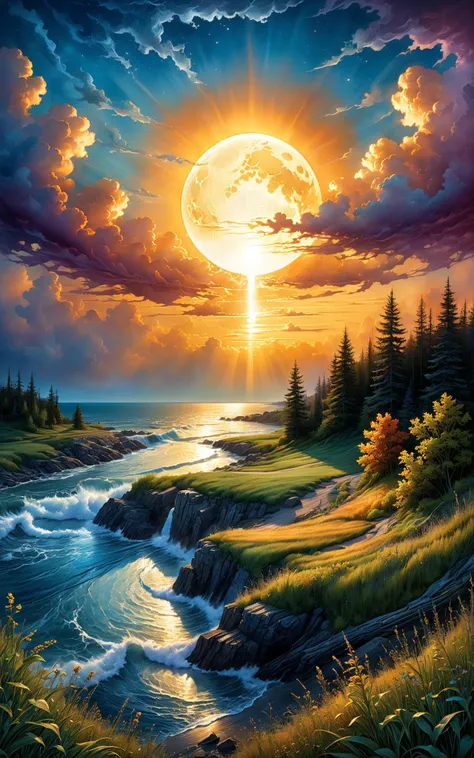 art by Phil Koch, Meghan Howland bluemoon Digital watercolor Illustration of a summerscape sunset luminism, ultra highly detailed, 32 k, Fantastic Realism complex background, dynamic lighting, lights, digital painting, intricated pose, highly detailed intr...