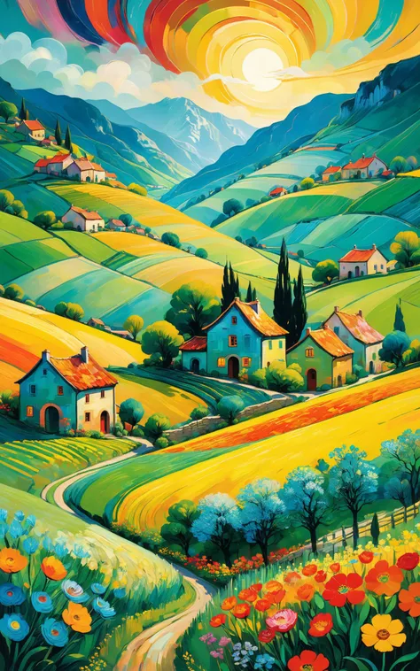 In this psychotropic, fantastical, and magical double exposure image, we see a vibrant depiction of a small village nestled in a valley. The style is reminiscent of Van Gogh, with swirling colors and bold brushstrokes. The village is surrounded by lush gre...