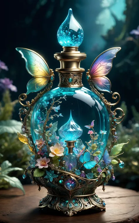 Intricate gorgeous detailed bioluminescent magical and dreamy fairy perfume bottle, breathtaking borderland fantasycore artwork by Android Jones, Jean Baptiste monge, Alberto Seveso, Erin Hanson, Jeremy Mann. maximalist highly detailed and intricate profes...