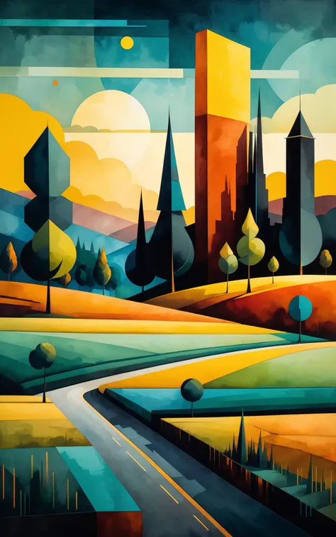 Cubist inspiration, A landscape represented with planes and flat colors. The landscape could show a field, forest or city, and flat planes and colors could be used to create a sense of depth and perspective, surrealism, aesthetic, bold gorgeous colours, hi...