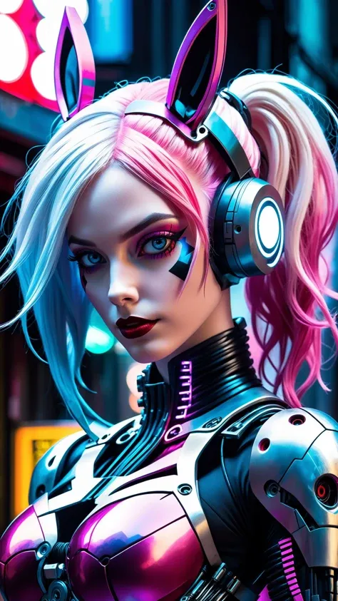 comic (RAW photo, masterpiece, high resolution, extremely complex), mix of Harley Quinn and cyborg , cyborg skull, upper body, pink and blue cyborg suit, made of metal, scratchy metal, extremely detailed, sci-fi, blurred background, graphic illustration, c...