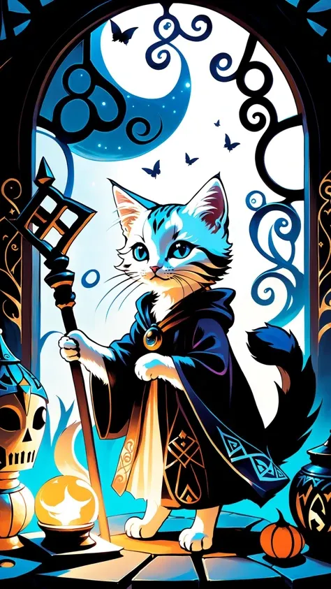 artwork of a {An enchanting image featuring an adorable kitten necromancer wearing intricate ancient robes, holding an ancient staff, hard at work in her fantastical workshop, intricate runic symbols swirling around her, its clear that shes busy casting a ...