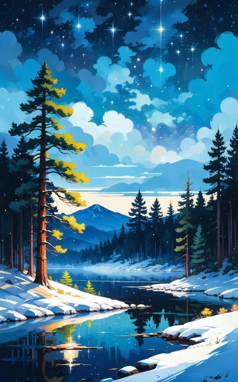 flat stylized pine trees, winter landscape with starry night sky and lake, painterly, acrylic painting, trending on pixiv fanbox, palette knife and brush strokes, style of makoto shinkai jamie wyeth james gilleard edward hopper greg rutkowski studio ghibli...