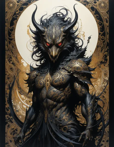 by Takeshi Obata and Aaron Horkey,  (limited palette, masterful, beautiful:1.4), poster art, bold lines, hyper detailed, expressive,  award winning,  (otherworldly creature:1.4), (intricate details, masterpiece, best quality:1.4),
looking at viewer, dynami...