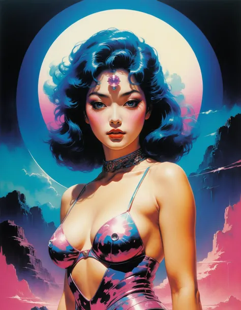 by Frank Frazetta and Chiho Aoshima,  (vaporwave aesthetic, masterful, beautiful:1.4), poster art, bold lines, hyper detailed, expressive,  award winning,  (movie still:1.4), (intricate details, masterpiece, best quality:1.4),
looking at viewer, dynamic po...