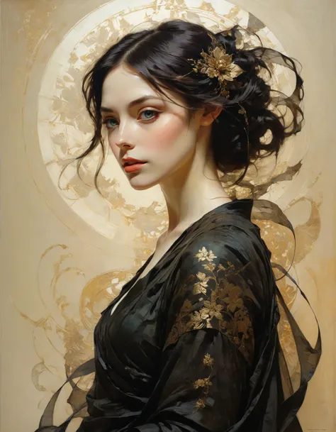 a painting of a woman with a black dress and gold hair