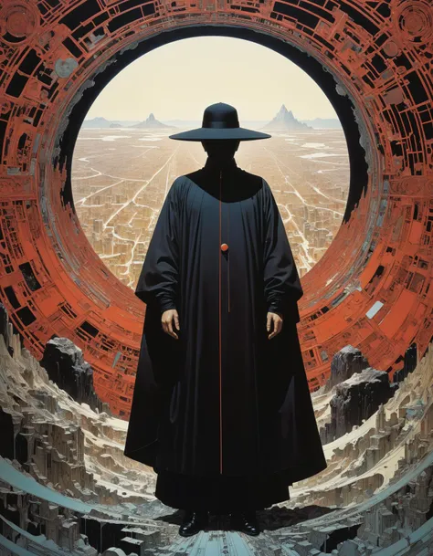 a painting of a man in a black robe and hat standing in a circular tunnel