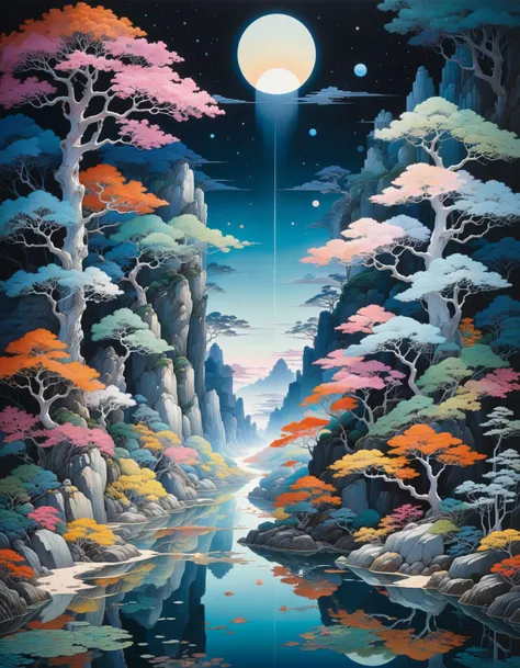 professional photograph of a bizarre otherworldly landscape by  Miho Hirano and A.J.Casson and Qian Xuan and  Brandon Mably , bold lines, hyper detailed, dark limited palette, chiaroscuro,  (intricate details, masterpiece, best quality:1.4), 
<lora:add-det...