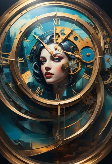 Clockpunk alchemist in the tower creating colorful landscapes,Cubism,picasso,futurism,clocks,evocative image, a masterpiece of surrealism mixed with modern art illustration, (dramatic lighting:1.1), hyperdetailed, hyperrealistic, 8k, high quality, hi res, ...