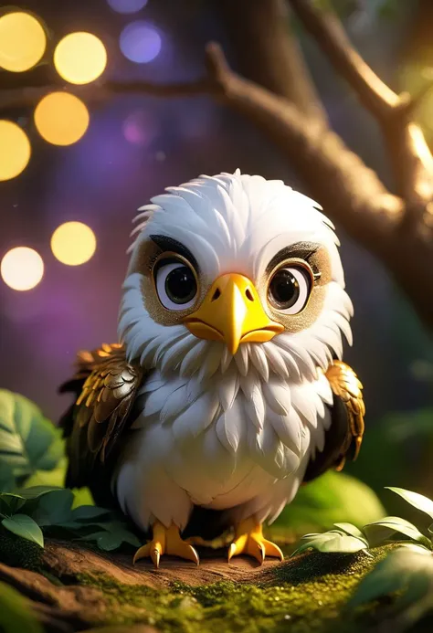 close up angle of, , ((),(3d Golden Eagle )) surrounded by jungle( ) ,animal, detailed focus, deep bokeh, beautiful, , dark cosmic background. Visually delightful , 3D,more detail XL,chibi,Rainbow kitten