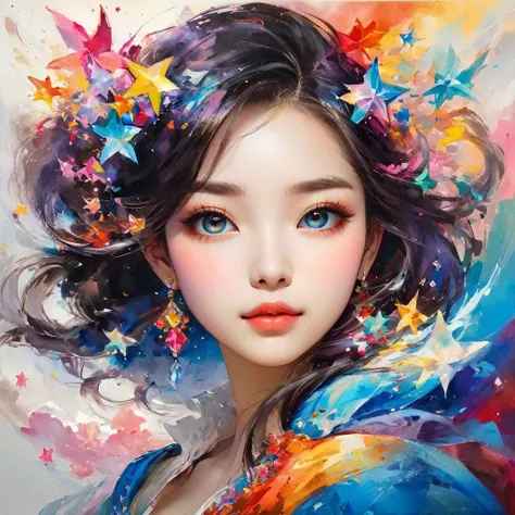 (((masterpiece))), ((ultra-detailed)), Abstract style cute, smoke, in the sky, colorful and vibrant, mystical colors, contemporary impressionism, yanjun cheng portrait painting, iridescent perspective view ,low angle, sweeping circling composition, large b...