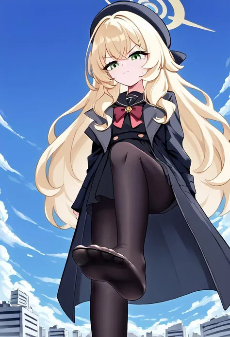 safe_pos, NIYANIYA-DEFAULT,PROFESSOR NIYANIYA (BLUE ARCHIVE),GREEN EYES, BLONDE HAIR, LONG HAIR, HALO,BERET,BLACK COAT,BLACK DRESS,SAILOR COLLAR,BLACK PANTYHOSE,GIANTESS, destruction，Dense urban clusters，TOES，Pornographic expressions，mega size，giga size，pl...