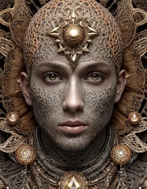 Whimsical and Playful, HDR photo of The image shows a fantastic character, similar to, with unusual facial features. He has fair skin covered in intricate patterns reminiscent of lace or coral. The eyes are large and round, with an unusual pattern around t...